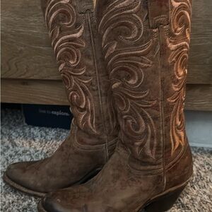 Lucchese Floral Embroidered Tan Heeled Boots